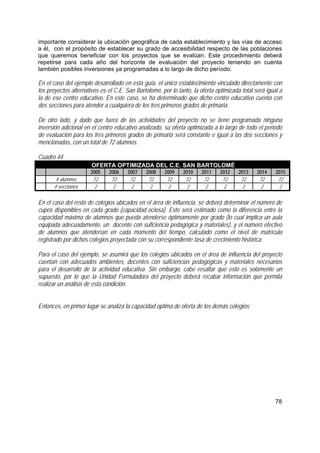 78
importante considerar la ubicación geográfica de cada establecimiento y las vías de acceso
a él, con el propósito de establecer su grado de accesibilidad respecto de las poblaciones
que queremos beneficiar con los proyectos que se evalúan. Este procedimiento deberá
repetirse para cada año del horizonte de evaluación del proyecto teniendo en cuenta
también posibles inversiones ya programadas a lo largo de dicho período.
En el caso del ejemplo desarrollado en esta guía, el único establecimiento vinculado directamente con
los proyectos alternativos es el C.E. San Bartolomé, por lo tanto, la oferta optimizada total será igual a
la de ese centro educativo. En este caso, se ha determinado que dicho centro educativo cuenta con
dos secciones para atender a cualquiera de los tres primeros grados de primaria.
De otro lado, y dado que fuera de las actividades del proyecto no se tiene programada ninguna
inversión adicional en el centro educativo analizado, su oferta optimizada a lo largo de todo el periodo
de evaluación para los tres primeros grados de primaria será constante e igual a las dos secciones y
mencionadas, con un total de 72 alumnos.
Cuadro 44
OFERTA OPTIMIZADA DEL C.E. SAN BARTOLOMÉ
2005 2006 2007 2008 2009 2010 2011 2012 2013 2014 2015
# alumnos 72 72 72 72 72 72 72 72 72 72 72
# secciones 2 2 2 2 2 2 2 2 2 2 2
En el caso del resto de colegios ubicados en el área de influencia, se deberá determinar el número de
cupos disponibles en cada grado (capacidad ociosa). Esto será estimado como la diferencia entre la
capacidad máxima de alumnos que pueda atenderse óptimamente por grado (lo cual implica un aula
equipada adecuadamente, un docente con suficiencia pedagógica y materiales), y el número efectivo
de alumnos que atenderían en cada momento del tiempo, calculado como el nivel de matrícula
registrado por dichos colegios proyectada con su correspondiente tasa de crecimiento histórica.
Para el caso del ejemplo, se asumirá que los colegios ubicados en el área de influencia del proyecto
cuentan con adecuados ambientes, docentes con suficiencias pedagógicas y materiales necesarios
para el desarrollo de la actividad educativa. Sin embargo, cabe resaltar que esto es solamente un
supuesto, por lo que la Unidad Formuladora del proyecto deberá recabar información que permita
realizar un análisis de esta condición.
Entonces, en primer lugar se analiza la capacidad optima de oferta de los demás colegios:
 