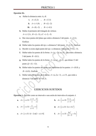 PRÁCTICA 1 
9
Ejercicio 10.-
a. Hallar la distancia entre A y B.
i. (3,2) , (7,5)A B= =
ii. ( 1,0) , (3, 2)A B= − = −
iii. (0, 2) , ( 4,1)A B= − = −
b. Hallar el perímetro del triángulo de vértices
( 2,1) , (1, 3) y ( 2, 3)A B C= − = − = − −
c. Dar cinco puntos del plano que estén a distancia 2 del punto (3,1)A = .
Graficar.
d. Hallar todos los puntos del eje x a distancia 5 del punto (1,3)A = . Graficar.
e. Decidir si existe algún punto del eje x a distancia 2 del punto (2, 3)A = − .
f. Hallar todos los puntos de la forma ( , 2) ,A a a= − ∈ , que están a distancia
5 del punto (0,1)B = .
g. Hallar todos los puntos de la forma ( , ) ,A a a a= ∈ , que distan 13 del
punto (5, 12)Q = − .
h. Hallar todos los puntos del plano que equidistan de los puntos (0,0)A = y
(4,0)B = . Graficar.
i. Hallar todos los puntos de la forma ( ,2 1) ,A a a a= − ∈ , que están a
distancia 5 del punto (3,3)B = .
EJERCICIOS SURTIDOS
Ejercicio 1.- Escribir como un intervalo o una unión de intervalos al conjunto A.
a.
1 2
/
x
A x
x x
+⎧ ⎫
= ∈ <⎨ ⎬
⎩ ⎭
b.
1
/ 2
3
x
A x
x
+⎧ ⎫
= ∈ ≤⎨ ⎬
−⎩ ⎭
c. / 1
1
x
A x
x
⎧ ⎫
= ∈ >⎨ ⎬
+⎩ ⎭
d. { }2
/ 2 3A x x x= ∈ ≥
e. { }/ (1 2 )(2 ) 0A x x x= ∈ − − ≥ f.
2
6
/ 3
2 5
x
A x x
x
⎧ ⎫
= ∈ >⎨ ⎬
−⎩ ⎭
 