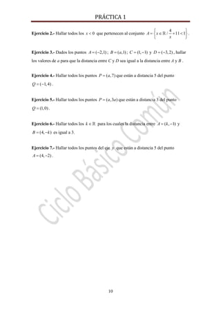 PRÁCTICA 1 
10
Ejercicio 2.- Hallar todos los 0x < que pertenecen al conjunto
4
/ 11 1A x
x
⎧ ⎫
= ∈ + <⎨ ⎬
⎩ ⎭
.
Ejercicio 3.- Dados los puntos ( 2,1)A = − ; ( ,1)B a= ; (1, 1)C = − y ( 3,2)D = − , hallar
los valores de a para que la distancia entre C y D sea igual a la distancia entre A y B .
Ejercicio 4.- Hallar todos los puntos ( ,7)P a= que están a distancia 5 del punto
( 1,4)Q = − .
Ejercicio 5.- Hallar todos los puntos ( ,3 )P a a= que están a distancia 3 del punto
(1,0)Q = .
Ejercicio 6.- Hallar todos los k ∈ para los cuales la distancia entre ( , 1)A k= − y
(4, )B k= − es igual a 3.
Ejercicio 7.- Hallar todos los puntos del eje y que están a distancia 5 del punto
(4, 2)A = − .
 