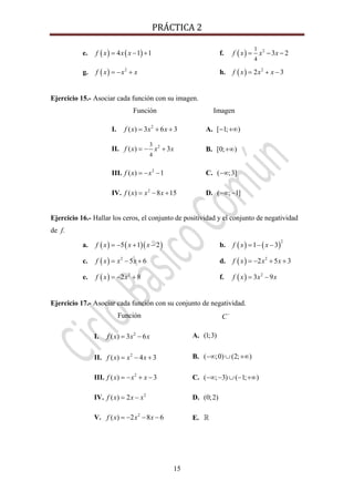 PRÁCTICA 2 
15
e. ( ) ( )4 1 1f x x x= − + f. ( ) 21
4
3 2f x x x= − −
g. ( ) 2
f x x x= − + h. ( ) 2
2 3f x x x= + −
Ejercicio 15.- Asociar cada función con su imagen.
Función Imagen
I. 2
( ) 3 6 3f x x x= + + A. [ 1; )− +∞
II. 23
4
( ) 3f x x x= − + B. [0; )+∞
III. 2
( ) 1f x x= − − C. ( ;3]−∞
IV. 2
( ) 8 15f x x x= − + D. ( ; 1]−∞ −
Ejercicio 16.- Hallar los ceros, el conjunto de positividad y el conjunto de negatividad
de f.
a. ( ) ( )( )5 1 2f x x x= − + − b. ( ) ( )
2
1 3f x x= − −
c. ( ) 2
5 6f x x x= − + d. ( ) 2
2 5 3f x x x= − + +
e. ( ) 2
2 8f x x= − + f. ( ) 2
3 9f x x x= −
Ejercicio 17.- Asociar cada función con su conjunto de negatividad.
Función C−
I. 2
( ) 3 6f x x x= − A. (1;3)
II. 2
( ) 4 3f x x x= − + B. ( ;0) (2; )−∞ ∪ +∞
III. 2
( ) 3f x x x= − + − C. ( ; 3) ( 1; )−∞ − ∪ − +∞
IV. 2
( ) 2f x x x= − D. (0;2)
V. 2
( ) 2 8 6f x x x= − − − E.
 