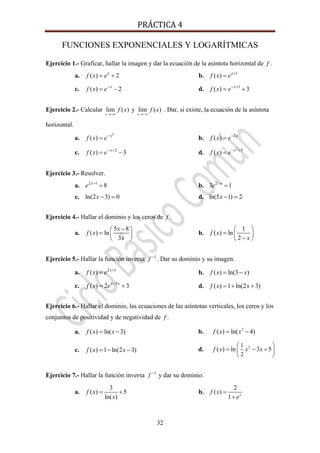 PRÁCTICA 4 
32
FUNCIONES EXPONENCIALES Y LOGARÍTMICAS
Ejercicio 1.- Graficar, hallar la imagen y dar la ecuación de la asíntota horizontal de f .
a. ( ) 2x
f x e= + b. 1
( ) x
f x e +
=
c. ( ) 2x
f x e−
= − d. 1
( ) 3x
f x e− +
= +
Ejercicio 2.- Calcular lim ( )
x
f x
→+∞
y lim ( )
x
f x
→−∞
. Dar, si existe, la ecuación de la asíntota
horizontal.
a.
2
( ) x
f x e−
= b. 2
( ) x
f x e−
=
c. 2
( ) 3x
f x e− +
= − d.
2
5
( ) x
f x e− +
=
Ejercicio 3.- Resolver.
a. 2 1
8x
e −
= b. 2
3 1x
e −
=
c. ln(2 3) 0x − = d. ln(5 1) 2x − =
Ejercicio 4.- Hallar el dominio y los ceros de f .
a.
5 8
( ) ln
3
x
f x
x
−⎛ ⎞
= ⎜ ⎟
⎝ ⎠
b.
1
( ) ln
2
f x
x
⎛ ⎞
= ⎜ ⎟
−⎝ ⎠
Ejercicio 5.- Hallar la función inversa 1
f −
. Dar su dominio y su imagen.
a. 2 1
( ) x
f x e +
= b. ( ) ln(3 )f x x= −
c. 4 5
( ) 2 3x
f x e −
= + d. ( ) 1 ln(2 3)f x x= + +
Ejercicio 6.- Hallar el dominio, las ecuaciones de las asíntotas verticales, los ceros y los
conjuntos de positividad y de negatividad de f .
a. ( ) ln( 3)f x x= − b. 2
( ) ln( 4)f x x= −
c. ( ) 1 ln(2 3)f x x= − − d. 21
2
( ) ln 3 5f x x x
⎛ ⎞
= − +⎜ ⎟
⎝ ⎠
Ejercicio 7.- Hallar la función inversa 1
f −
y dar su dominio.
a.
3
( ) 5
ln( )
f x
x
= + b.
2
( )
1 x
f x
e
=
+
 