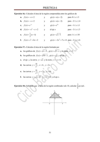 PRÁCTICA 6 
51
Ejercicio 16.- Calcular el área de la región comprendida entre los gráficos de
a. ( ) 2f x x= − + y ( ) ( 2)g x x x= − para 0 3x≤ ≤
b. ( ) 2f x x= − + y ( ) ( 2)g x x x= − para 2 4x− ≤ ≤
c. ( ) x
f x e−
= y 2
( ) x
g x e= para 1 1x− ≤ ≤
d. 2
( ) 2f x x x= − − + y el eje x para 3 3x− ≤ ≤
e.
1
2
( ) ( 1)f x x= − y ( ) 1g x x= − para 1 10x≤ ≤
f. 2
( ) 4 2f x x x= + + y 2
( ) 2 7 8g x x x= − + + para 2 6x− ≤ ≤
Ejercicio 17.- Calcular el área de la región limitada por
a. los gráficos de ( ) 5f x x= − , ( ) 5g x x= − y la recta 2y = .
b. los gráficos de ( ) 10f x x= − , ( )g x x= y el eje x.
c. el eje y, la curva y x= y la recta 6y x= − + .
d. las curvas 2
16
y
x
= , 4x = , 2y x= .
e. las curvas 2
16
y
x
= , 2y x= , 16y = .
f. las curvas 2y x= − , 2 10y x= − y el eje x.
Ejercicio 18.- Sabiendo que el área de la región sombreada vale 10, calcular
3
0
( )g x dx∫ .
 