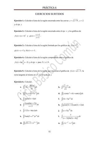 PRÁCTICA 6 
52
EJERCICIOS SURTIDOS
Ejercicio 1.- Calcular el área de la región encerrada entre las curvas 9y x= + , 2y =
y el eje y.
Ejercicio 2.- Calcular el área de la región encerrada entre el eje x y los gráficos de
2
( ) ( 1)f x x= + y
1
( )
1
x
g x
x
− +
=
+
.
Ejercicio 3.- Calcular el área de la región limitada por los gráficos de
6
( )f x
x
= ,
( ) 1g x x= + y ( ) 1h x x= − .
Ejercicio 4.- Calcular el área de la región comprendida entre el gráfico de
2
3
( ) ln( 3)f x x= − y el eje x para 5 9x≤ ≤ .
Ejercicio 5.- Calcular el área de la región que encierran el gráfico de ( ) 3f x x= − ; la
recta tangente al mismo en (7, (7))f y el eje x.
Ejercicio 6.- Calcular .
a. 3 ln( )
3
x
x dx
x
⎛ ⎞
+⎜ ⎟
⎝ ⎠
∫ b.
3x
dx
x
+
∫
c. ( )2
2 4 5x x dx+ +∫ d. ( )2
cos( 6) sen( )x x x dx+ +∫
e. cos(3 1)x x dx+∫ f. 2
(3 1) x
x e dx−∫
g.
3cos(ln( 2))
2
x
dx
x
+
+∫ h. 5 cos(3 2) sen(3 2)x x dx+ +∫
i. 2
(3 ln( ))x x x dx+∫ j.
4
5( 5)x x dx+∫
k. 4 4
3sen(5 )x x
e e dx+∫ l.
( )
5
7
( 3) ln(2 6)
dx
x x− −
∫
m. ( )2 1
5 1 x
x e dx−
+ +∫ n. ( )3
2 2x
x e x dx−
+∫
 