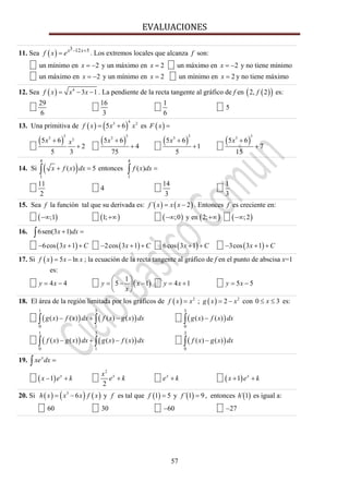 EVALUACIONES 
57
_______________________________________________________________________________________________________________________________________________________________________________________________________________________________________________________________________________________________________________________________
11. Sea ( )
3 12 5− +
= x x
f x e . Los extremos locales que alcanza f son:
un mínimo en 2= −x y un máximo en 2=x un máximo en 2= −x y no tiene mínimo
un máximo en 2= −x y un mínimo en 2=x un mínimo en 2=x y no tiene máximo
_______________________________________________________________________________________________________________________________________________________________________________________________________________________________________________________________________________________________________________________________
12. Sea ( ) 4
3 1f x x x= − − . La pendiente de la recta tangente al gráfico de f en ( )( )2, 2f es:
29
6
16
3
1
6
5
_______________________________________________________________________________________________________________________________________________________________________________________________________________________________________________________________________________________________________________________________
13. Una primitiva de ( ) ( )
43 2
5 6f x x x= + es ( )F x =
( )
53 35 6
2
5 3
x x+
+
( )
53
5 6
4
75
x +
+
( )
53
5 6
1
5
x +
+
( )
53
5 6
7
15
x +
+
_______________________________________________________________________________________________________________________________________________________________________________________________________________________________________________________________________________________________________________________________
14. Si ( )
4
1
( ) 5x f x dx+ =∫ entonces
4
1
( )f x dx =∫
11
2
4
14
3
1
3_______________________________________________________________________________________________________________________________________________________________________________________________________________________________________________________________________________________________________________________________
15. Sea f la función tal que su derivada es: ( ) ( )´ 2f x x x= − . Entonces f es creciente en:
( );1−∞ ( )1;+∞ ( ) ( );0 y en 2;−∞ +∞ ( );2−∞
_______________________________________________________________________________________________________________________________________________________________________________________________________________________________________________________________________________________________________________________________
16. 6sen(3 1)x dx+ =∫
( )6cos 3 1− + +x C ( )2cos 3 1− + +x C ( )6cos 3 1+ +x C ( )3cos 3 1− + +x C
_______________________________________________________________________________________________________________________________________________________________________________________________________________________________________________________________________________________________________________________________
17. Si ( ) 5 lnf x x x= − ; la ecuación de la recta tangente al gráfico de f en el punto de abscisa x=1
es:
4 4= −y x ( )
1
5 1y x
x
⎛ ⎞
= − −⎜ ⎟
⎝ ⎠
4 1= +y x 5 5= −y x
_______________________________________________________________________________________________________________________________________________________________________________________________________________________________________________________________________________________________________________________________
18. El área de la región limitada por los gráficos de ( ) 2
f x x= ; ( ) 2
2g x x= − con 0 3x≤ ≤ es:
( ) ( )
1 3
0 1
( ) ( ) ( ) ( )g x f x dx f x g x dx− + −∫ ∫ ( )
3
0
( ) ( )g x f x dx−∫
( ) ( )
1 3
0 1
( ) ( ) ( ) ( )f x g x dx g x f x dx− + −∫ ∫ ( )
3
0
( ) ( )f x g x dx−∫
_______________________________________________________________________________________________________________________________________________________________________________________________________________________________________________________________________________________________________________________________
19. x
xe dx =∫
( )1 x
x e k− +
2
2
xx
e k+ x
e k+ ( )1 x
x e k+ +
_______________________________________________________________________________________________________________________________________________________________________________________________________________________________________________________________________________________________________________________________
20. Si ( ) ( ) ( )3
6h x x x f x= − y f es tal que ( )1 5f = y ( )´ 1 9f = , entonces ( )´ 1h es igual a:
60 30 −60 −27
_______________________________________________________________________________________________________________________________________________________________________________________________________________________________________________________________________________________________________________________________
 