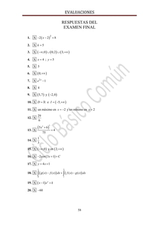 EVALUACIONES 
58
RESPUESTAS DEL
EXAMEN FINAL
1. X ( )
2
2 2 8− − +x
2. X 5=k
3. X ( ) ( ) ( );0 0;2 3;−∞ ∪ ∪ +∞
4. X 4x = ; 5y =
5. X 5
6. X ( )0;+∞
7. X 2
1x
e −
8. X 4
9. X ( )5,7 y ( )2,0−
10. X ( )e 5,= = − +∞D I
11. X un máximo en 2= −x y un mínimo en 2=x
12. X
29
6
13. X
( )
53
5 6
4
75
x +
+
14. X
1
3
15. X ( ) ( );0 y en 2;−∞ +∞
16. X ( )2cos 3 1− + +x C
17. X 4 1= +y x
18. X ( ) ( )
1 3
0 1
( ) ( ) ( ) ( )g x f x dx f x g x dx− + −∫ ∫
19. X ( )1 x
x e k− +
20. X −60
 
