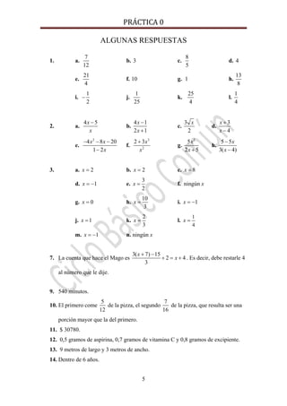 PRÁCTICA 0 
5
ALGUNAS RESPUESTAS
1. a.
7
12
b. 3 c.
8
5
d. 4
e.
21
4
f. 10 g. 1 h.
13
8
i.
1
2
− j.
1
25
k.
25
4
l.
1
4
2. a.
4 5x
x
−
b.
4 1
2 1
x
x
−
+
c.
3
2
x
d.
3
4
x
x
+
−
e.
2
4 8 20
1 2
x x
x
− − −
−
f.
3
2
2 3x
x
+
g.
2
5
2 5
x
x +
h.
5 5
3( 4)
x
x
−
−
3. a. 2x = b. 2x = c. 8x =
d. 1x = − e.
3
2
x = f. ningún x
g. 0x = h.
10
3
x = i. 1x = −
j. 1x = k.
2
3
x = l.
1
4
x =
m. 1x = − n. ningún x
7. La cuenta que hace el Mago es
3( 7) 15
2 4
3
x
x
+ −
+ = + . Es decir, debe restarle 4
al número que le dije.
9. 540 minutos.
10. El primero come
5
12
de la pizza, el segundo
7
16
de la pizza, que resulta ser una
porción mayor que la del primero.
11. $ 30780.
12. 0,5 gramos de aspirina, 0,7 gramos de vitamina C y 0,8 gramos de excipiente.
13. 9 metros de largo y 3 metros de ancho.
14. Dentro de 6 años.
 