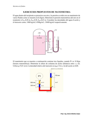 Mecánica de fluidos
Prof.: Ing. Deivis Medina Seijas
EJERCICIOS PROPUESTOS DE MANOMETRIA
El agua dentro del recipiente se presuriza con aire y la presión se mide con un manómetro de
varios fluidos como se muestra en la figura. Determine la presión manométrica del aire en el
recipiente si ℎ1=0,20 m, ℎ2=0,30, ℎ3=0,43 m. Considere las densidades del agua el aceite y
el mercurio como; 1000 kg/m3, 850kg/m3, 13600 kg/m3 respectivamente.
El manómetro que se muestra a continuación contiene tres líquidos, cuando P1 es 10 Kpa
(lectura manométrica). Determine la altura de columna de aceite (distancia entre c y d).
Utilice g=9,81 m/s2, la densidad relativa del mercurio es (𝜌𝑅) 13,6, y la del aceite es 0,88.
 