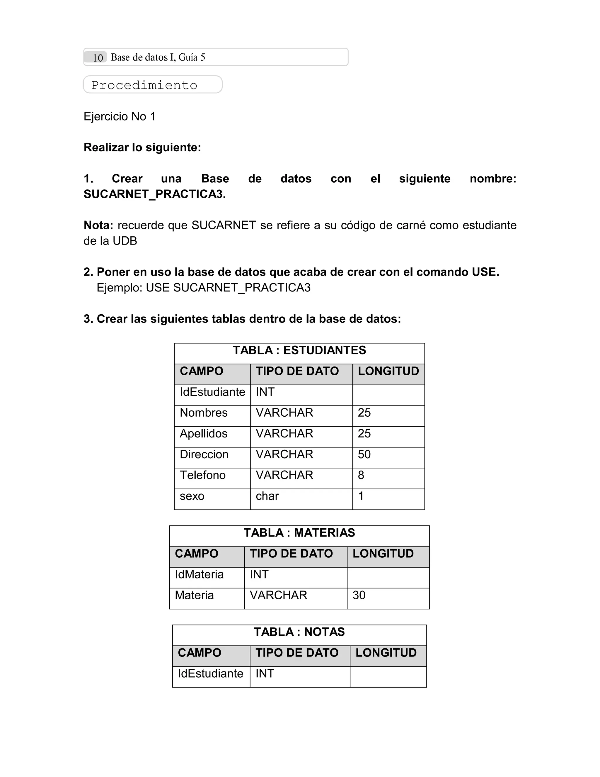 10 Base de datos I, Guía 5
Procedimiento
Ejercicio No 1
Realizar lo siguiente:
1. Crear una Base de datos con el siguiente nombre:
SUCARNET_PRACTICA3.
Nota: recuerde que SUCARNET se refiere a su código de carné como estudiante
de la UDB
2. Poner en uso la base de datos que acaba de crear con el comando USE.
Ejemplo: USE SUCARNET_PRACTICA3
3. Crear las siguientes tablas dentro de la base de datos:
TABLA : ESTUDIANTES
CAMPO TIPO DE DATO LONGITUD
IdEstudiante INT
Nombres VARCHAR 25
Apellidos VARCHAR 25
Direccion VARCHAR 50
Telefono VARCHAR 8
sexo char 1
TABLA : MATERIAS
CAMPO TIPO DE DATO LONGITUD
IdMateria INT
Materia VARCHAR 30
TABLA : NOTAS
CAMPO TIPO DE DATO LONGITUD
IdEstudiante INT
 