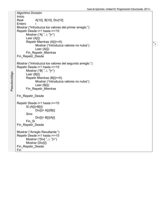 Gu de Ejercicios. Unidad 03: Programación Estructurada. 2011-I.
                                                                    uía                           o
               Algoritmo División
                       o
               Inicio
               Real          A[10], B[10], Div[1
                                     B          10]
               Entero        i
               Mostrar (“
                        “Introduzca los valores del primer arreglo:”)
                                    a           s
               Repetir Desde i=1 ha  asta i<=10
                      Moostrar (“A[ ”, i, “]=”)
                                     ,
                      Lee (A[i])
                         er
                       epetir Mientras (A[i]==0
                      Re                        0)
                                                                                                                                     3
                             Mostrar (“Introduz valores no nulos”)
                                                zca
                             Leer (AA[i])
                        n_Repetir_M
                      Fin           Mientras
               Fin_Repe etir_Desde

               Mostrar (“
                        “Introduzca los valores del segun arreglo:”)
                                   a           s        ndo
               Repetir Desde i=1 ha asta i<=10
                     Moostrar (“B[ ”, i, “]=”)
                                    ,
Pseudocódigo




                     Lee (B[i])
                        er
                     Reepetir Mientras (B[i]==00)
                             Mostrar (“Introduz valores no nulos”)
                                               zca
                             Leer (B
                                   B[i])
                     Fin
                       n_Repetir_M Mientras

                      etir_Desde
               Fin_Repe

               Repetir Desde i=1 ha  asta i<=10
                     Si (A[i]>B[i])
                             Div[i]= A[i]/B[i]
                       no
                     Sin
                             Div[i]= B[i]/A[i]
                     Fin
                       n_Si
               Fin_Repeetir_Desde

               Mostrar (“
                        “Arreglo Reesultante:”)
               Repetir Desde i=1 ha asta i<=10
                     Moostrar (“Div[ ”, i, “]=”)
                                   [
                     Moostrar (Div[i]
                                    ])
               Fin_Repeetir_Desde
               Fin
 