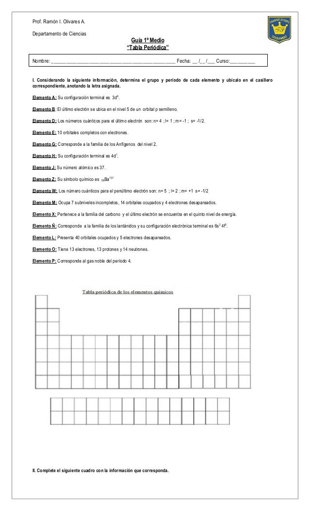 guia de ejercicios tabla periodica 1 ramn i olivares a departamento de ciencias gua 1 medio - Ejercicios De Tabla Periodica De Los Elementos Quimicos guia de ejercicios tabla periodica 1 ramn i olivares a departamento de ciencias gua 1 medio - Ejercicios De Tabla Periodica De Los Elementos Quimicos