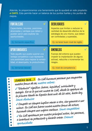 5
¿SABÍAS QUE...? En Lidl buscamos personas que compartan
nuestra forma de ser, nuestros valores:
✓“Dinámico” signiﬁca: fuerza, inquietud, movimiento y
energía. Eso es lo que nos mueve en Lidl, desde la apertura de
la primera tienda en España hace más de 20 años, hasta hoy.
Somos dinámicos
✓Competir no siempre implica vencer a otro, sino ganarse a uno
mismo. En Lidl esa fuerza mueve nuestra forma de actuar,
buscando siempre una mejora continua. Somos competitivos
✓En Lidl apostamos por nuestro principal activo, las personas,
e invertimos en potenciarlo y hacerlo crecer. Creamos
oportunidades
FORTALEZAS
Capacidades, recursos, posiciones
alcanzadas y ventajas que deben y
pueden servir para explotar las
oportunidades.
Ej: formación especíﬁca
OPORTUNIDADES
Todo aquello que pueda suponer una
ventaja competitiva o que represente
una posibilidad para mejorar la rentabi-
lidad, el desempeño, la productividad.
Ej: demanda laboral
AMENAZAS
Fuerzas del entorno que pueden
impedir la implantación de alguna
activad, reducirla o incrementar los
riesgos.
Ej: nivel de competencia
DEBILIDADES
Aspectos que limitan o reducen la
cantidad de desarrollo efectivo de la
estrategia de uno mismo, que deben
ser controladas y superadas.
Ej: no tener buen nivel de inglés
Además, te proporcionamos una herramienta que te ayudará en este propósito:
el DAFO. Esta permite hacer un balance de tus puntos fuertes y los puntos de
mejora.
Ej: demanda laboral
Ej: formación especíﬁca Ej: no tener buen nivel de inglés
Ej: nivel de competencia
5
 