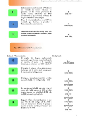 22
Diagnóstico y Tratamiento de la Enfermedad Pulmonar Obstructiva Crónica
La terapia con mucolíticos en la EPOC deberá
ser evaluada de manera individual en
pacientes con tos crónica productora de
esputo viscoso, adherente, de difícil
expectoración y que muestre evidencia de
mejoría sintomática con su empleo
B
NICE 2004
El uso de inmunomoduladores en la EPOC ha
mostrado que disminuye la gravedad y
frecuencia de las exacerbaciones D
GOLD 2006
Se requiere de más estudios a largo plazo para
conocer los efectos de este tratamiento por lo
que no se recomienda. A
NICE 2004
4.2.3.2 Tratamiento No Farmacológico
Evidencia / Recomendación Nivel / Grado
El empleo del Oxígeno suplementario
aumenta la supervivencia, mejora la tolerancia
al ejercicio, el sueño y la capacidad
intelectual, en enfermos con EPOC estadío IV
1+ +
ATS/ERS 2004
El empleo de oxígeno a largo plazo se debe
indicar por más de 15 hrs. al día para prevenir
la hipertensión arterial pulmonar
B
GOLD 2006
El oxígeno a largo plazo en domicilio se indica
cuando la PaO2 < 55 mmhg o SaO2 < 88% B
GOLD 2006
A
SEPAR 2007
En caso de que la PaO2 sea entre 56 a 60
mmhg o la SaO2 sea mas de 88% se indica
oxígeno cuando hay poliglobulía (HTO más
de 55%), cor pulmonale, o HAP.
D
GOLD 2006
A
NICE 2004
A
SEPAR 2007
Se puede utilizar oxígeno ambulatorio en caso
de > PaO2 de > 60 mmhg o SaO de >90% o
más con desaturación durante el ejercicio o
durante el sueño cuando permanezcan con
SaO2 menor de 90%
D
GOLD 2006
D
SEPAR 2007
D
NICE 2004
R
E
R
E
R
R
R
R
 