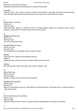 26/08/2016 GUIA DE ERVAS ( Para iniciantes )
http://prmrlinsgritosdiarios.blogspot.com.br/2012/09/guia­de­ervas­para­iniciantes_995.html 10/97
Espinheiro cervical (Coroa de Cristo)
Colocada atrás das portas e janelas da casa é uma poderosa proteção.
Erva‐doce
Usada com sache, óleo, incenso, perfume e culinária. Traz coragem e vida longa. O incenso, quando queimado
perto de alguém que não gosta de nossa pessoa, faz com que esta se aborreça com seu aroma.
F
Freixo (Fraxinus excelsior)
Planeta: Sol
Elemento: Água
Usado para fazer vassouras, e bastões de cura. As folhas deixadas embaixo do travesseiro induz a sonhos
psíquicos. A folha pode ser trazida no bolso pra atrair boa fortuna.
G
Gardênia (Gardenia spp.)
Planeta: Lua
Elemento: Água
Use as flores para atrair amor.
Girassol (Helianthus annus)
Planeta: Sol Topo
Elemento: Fogo
Traz bênçãos do Sol em qualquer jardim no qual ele cresce.
Gerânio
Usado como óleo. Ajuda na concretização de desejos.
Gengibre
Usado como óleo, perfume, incenso e culinária. Poderoso filtro protetor.
Ginseng
Elixir da longa vida. Usado como sache, óleo, incenso, bálsamo e chá.
H
Hera (Hedera spp)
Planeta: Saturno
Elemento: Água
Guarda e protege a casa, de quem possui essa planta.
Hortelã (Mentha piperata)
Planeta: Vênus
Elemento: Ar
Usado em encantamentos de cura, tomar banho com hortelã também é ótimo para curar, e também pode ser
usado como incenso.
I
Iris (Iris florentina ou Íris germânica)
Planeta: Vênus
Elemento:Água
Usado em feitiços de amor, banhos e incensos. Planta consagrada a Osíris. Estimula a clarividência.
J
 