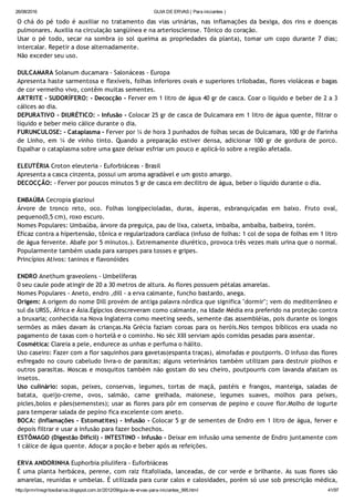26/08/2016 GUIA DE ERVAS ( Para iniciantes )
http://prmrlinsgritosdiarios.blogspot.com.br/2012/09/guia­de­ervas­para­iniciantes_995.html 41/97
O chá do pé todo é auxiliar no tratamento das vias urinárias, nas inflamações da bexiga, dos rins e doenças
pulmonares. Auxilia na circulação sangüínea e na arteriosclerose. Tônico do coração.
Usar o pé todo, secar na sombra (o sol queima as propriedades da planta), tomar um copo durante 7 dias;
intercalar. Repetir a dose alternadamente.
Não exceder seu uso.
DULCAMARA Solanum ducamara ‐ Salonáceas ‐ Europa
Apresenta haste sarmentosa e flexíveis, folhas inferiores ovais e superiores trilobadas, flores violáceas e bagas
de cor vermelho vivo, contêm muitas sementes.
ARTRITE ‐ SUDORÍFERO: ‐ Decocção ‐ Ferver em 1 litro de água 40 gr de casca. Coar o líquido e beber de 2 a 3
cálices ao dia.
DEPURATIVO ‐ DIURÉTICO: ‐ Infusão ‐ Colocar 25 gr de casca de Dulcamara em 1 litro de água quente, filtrar o
líquido e beber meio cálice durante o dia.
FURUNCULOSE: ‐ Cataplasma ‐ Ferver por ¼ de hora 3 punhados de folhas secas de Dulcamara, 100 gr de Farinha
de Linho, em ¼ de vinho tinto. Quando a preparação estiver densa, adicionar 100 gr de gordura de porco.
Espalhar o cataplasma sobre uma gaze deixar esfriar um pouco e aplicá‐lo sobre a região afetada.
ELEUTÉRIA Croton eleuteria ‐ Euforbiáceas ‐ Brasil
Apresenta a casca cinzenta, possui um aroma agradável e um gosto amargo.
DECOCÇÃO: ‐ Ferver por poucos minutos 5 gr de casca em decilitro de água, beber o líquido durante o dia.
EMBAÚBA Cecropia glazioui
Árvore de tronco reto, oco. Folhas longipecioladas, duras, ásperas, esbranquiçadas em baixo. Fruto oval,
pequeno(0,5 cm), roxo escuro.
Nomes Populares: Umbaúba, árvore da preguiça, pau de lixa, caixeta, imbaíba, ambaíba, baibeira, torém.
Eficaz contra a hipertensão, tônica e regularizadora cardíaca (infuso de folhas: 1 col de sopa de folhas em 1 litro
de água fervente. Abafe por 5 minutos.). Extremamente diurético, provoca três vezes mais urina que o normal.
Popularmente também usada para xaropes para tosses e gripes.
Princípios Ativos: taninos e flavonóides
ENDRO Anethum graveolens ‐ Umbelíferas
0 seu caule pode atingir de 20 a 30 metros de altura. As flores possuem pétalas amarelas.
Nomes Populares ‐ Aneto, endro ,dill ‐ a erva calmante, funcho bastardo, anega.
Origem: A origem do nome Dill provém de antiga palavra nórdica que significa "dormir"; vem do mediterrâneo e
sul da URSS, África e Ásia.Egípcios descreveram como calmante, na Idade Média era preferido na proteção contra
a bruxaria; conhecida na Nova Inglaterra como meeting seeds, semente das assembléias, pois durante os longos
sermões as mães davam às crianças.Na Grécia faziam coroas para os heróis.Nos tempos bíblicos era usada no
pagamento de taxas com o hortelã e o cominho. No séc XIII serviam após comidas pesadas para assentar.
Cosmética: Clareia a pele, endurece as unhas e perfuma o hálito.
Uso caseiro: Fazer com a flor saquinhos para gavetas(espanta traças), almofadas e poutporris. O infuso das flores
esfregado no couro cabeludo livra‐o de parasitas; alguns veterinários também utilizam para destruir piolhos e
outros parasitas. Moscas e mosquitos também não gostam do seu cheiro, poutpourris com lavanda afastam os
insetos.
Uso culinário: sopas, peixes, conservas, legumes, tortas de maçã, pastéis e frangos, manteiga, saladas de
batata, queijo‐creme, ovos, salmão, carne grelhada, maionese, legumes suaves, molhos para peixes,
picles,bolos e pães(semenstes); usar as flores para pôr em conservas de pepino e couve flor.Molho de iogurte
para temperar salada de pepino fica excelente com aneto.
BOCA: (Inflamações ‐ Estomatites) ‐ Infusão ‐ Colocar 5 gr de sementes de Endro em 1 litro de água, ferver e
depois filtrar e usar a infusão para fazer bochechos.
ESTÔMAGO (Digestão Difícil) ‐ INTESTINO ‐ Infusão ‐ Deixar em infusão uma semente de Endro juntamente com
1 cálice de água quente. Adoçar a poção e beber após as refeições.
ERVA ANDORINHA Euphorbia pilulifera ‐ Euforbiáceas
É uma planta herbácea, perene, com raiz fitafoliada, lanceadas, de cor verde e brilhante. As suas flores são
amarelas, reunidas e umbelas. É utilizada para curar calos e calosidades, porém só use sob prescrição médica,
 