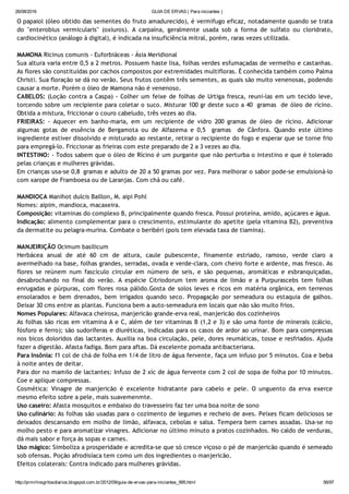 26/08/2016 GUIA DE ERVAS ( Para iniciantes )
http://prmrlinsgritosdiarios.blogspot.com.br/2012/09/guia­de­ervas­para­iniciantes_995.html 56/97
O papaiol (óleo obtido das sementes do fruto amadurecido), é vermífugo eficaz, notadamente quando se trata
do "enterobius vermicularis" (oxiuros). A carpaína, geralmente usada sob a forma de sulfato ou cloridrato,
cardiocinético (análogo à digital), é indicada na insuficiência mitral, porém, raras vezes utilizada.
MAMONA Ricinus comunis ‐ Euforbiáceas ‐ Ásia Meridional
Sua altura varia entre 0,5 a 2 metros. Possuem haste lisa, folhas verdes esfumaçadas de vermelho e castanhas.
As flores são constituídas por cachos compostos por extremidades multifloras. É conhecida também como Palma
Christi. Sua floração se dá no verão. Seus frutos contêm três sementes, as quais são muito venenosas, podendo
causar a morte. Porém o óleo de Mamona não é venenoso.
CABELOS: (Loção contra a Caspa) ‐ Colher um feixe de folhas de Urtiga fresca, reuni‐las em um tecido leve,
torcendo sobre um recipiente para coletar o suco. Misturar 100 gr deste suco a 40  gramas  de óleo de rícino.
Obtida a mistura, friccionar o couro cabeludo, três vezes ao dia.
FRIEIRAS: ‐ Aquecer em banho‐maria, em um recipiente de vidro 200 gramas de óleo de rícino. Adicionar
algumas gotas de essência de Bergamota ou de Alfazema e 0,5    gramas    de Cânfora. Quando este último
ingrediente estiver dissolvido e misturado ao restante, retirar o recipiente do fogo e esperar que se torne frio
para empregá‐lo. Friccionar as frieiras com este preparado de 2 a 3 vezes ao dia.
INTESTINO: ‐ Todos sabem que o óleo de Rícino é um purgante que não perturba o intestino e que é tolerado
pelas crianças e mulheres grávidas.
Em crianças usa‐se 0,8  gramas e adulto de 20 a 50 gramas por vez. Para melhorar o sabor pode‐se emulsioná‐lo
com xarope de Framboesa ou de Laranjas. Com chá ou café.
MANDIOCA Manihot dulcis Baillon, M. aipi Pohl
Nomes: aipim, mandioca, macaxeira.
Composição: vitaminas do complexo B, principalmente quando fresca. Possui proteína, amido, açúcares e água.
Indicação: alimento complementar para o crescimento, estimulante do apetite (pela vitamina B2), preventiva
da dermatite ou pelagra‐murina. Combate o beribéri (pois tem elevada taxa de tiamina).
MANJEIRIÇÃO Ocimum basilicum
Herbácea anual de até 60 cm de altura, caule pubescente, finamente estriado, ramoso, verde claro a
avermelhado na base, folhas grandes, serradas, ovada e verde‐clara, com cheiro forte e ardente, mas fresco. As
flores se reúnem num fascículo circular em número de seis, e são pequenas, aromáticas e esbranquiçadas,
desabrochando no final do verão. A espécie Citriodorum tem aroma de limão e a Purpurascebs tem folhas
enrugadas e púrpuras, com flores rosa pálido.Gosta de solos leves e ricos em matéria orgânica, em terrenos
ensolarados e bem drenados, bem irrigados quando seco. Propagação por semeadura ou estaquia de galhos.
Deixar 30 cms entre as plantas. Funciona bem a auto‐semeadura em locais que não são muito frios.
Nomes Populares: Alfavaca cheirosa, manjericão grande‐erva real, manjericão dos cozinheiros
As folhas são ricas em vitamina A e C, além de ter vitaminas B (1,2 e 3) e são uma fonte de minerais (cálcio,
fósforo e ferro); são sudoríferas e diuréticas, indicadas para os casos de ardor ao urinar. Bom para compressas
nos bicos doloridos das lactantes. Auxilia na boa circulação, pele, dores reumáticas, tosse e resfriados. Ajuda
fazer a digestão. Afasta fadiga. Bom para aftas. Dá excelente pomada antibacteriana.
Para Insônia: f1 col de chá de folha em 1/4 de litro de água fervente, faça um infuso por 5 minutos. Coa e beba
à noite antes de deitar.
Para dor no mamilo de lactantes: Infuso de 2 xíc de água fervente com 2 col de sopa de folha por 10 minutos.
Coe e aplique compressas.
Cosmética: Vinagre de manjericão é excelente hidratante para cabelo e pele. O unguento da erva exerce
mesmo efeito sobre a pele, mais suavemenmte.
Uso caseiro: Afasta mosquitos e embaixo do travesseiro faz ter uma boa noite de sono
Uso culinário: As folhas são usadas para o cozimento de legumes e recheio de aves. Peixes ficam deliciosos se
deixados descansando em molho de limão, alfavaca, cebolas e salsa. Tempera bem carnes assadas. Usa‐se no
molho pesto e para aromatizar vinagres. Adicionar no último minuto a pratos cozinhados. No caldo de verduras,
dá mais sabor e força às sopas e carnes.
Uso mágico: Simboliza a prosperidade e acredita‐se que só cresce viçoso o pé de manjericão quando é semeado
sob ofensas. Poção afrodisíaca tem como um dos ingredientes o manjericão.
Efeitos colaterais: Contra indicado para mulheres grávidas.
 