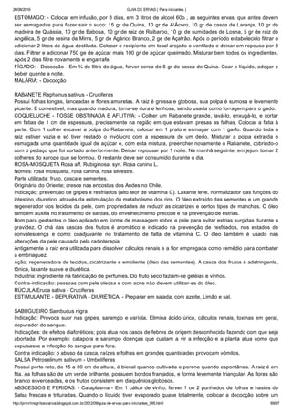 26/08/2016 GUIA DE ERVAS ( Para iniciantes )
http://prmrlinsgritosdiarios.blogspot.com.br/2012/09/guia­de­ervas­para­iniciantes_995.html 69/97
ESTÔMAGO: ­ Colocar em infusão, por 8 dias, em 3 litros de alcool 60o , as seguintes ervas, que antes devem
ser esmagadas para fazer sair o suco: 15 gr de Quina, 10 gr de AÁcoro, 10 gr de casca de Laranja, 10 gr de
madeira de Quássia, 10 gr de Babosa, 10 gr de raiz de Ruibarbo, 10 gr de sumidades de Losna, 5 gr de raiz de
Angélica, 5 gr de resina de Mirra, 5 gr de Agárico Branco, 2 ge de Açafrão. Após o período estabelecido filtrar e
adicionar 2 litros de água destilada. Colocar o recipiente em local arejado e ventilado e deixar em repouso por 8
dias. Filtrar e adicionar 750 ge de açúcar mais 100 gr de açúcar queimado. Misturar bem todos os ingredientes.
Após 2 dias filtre novamente e engarrafe.
FÍGADO: ­ Decocção ­ Em ¾ de llitro de água, ferver cerca de 5 gr de casca de Quina. Coar o líquido, adoçar e
beber quente a noite.
MALÁRIA: ­ Decocção
RABANETE Raphanus sativus ­ Cruciferas
Possui folhas longas, lanceadas e flores amarelas. A raiz é grossa e globosa, sua polpa é sumosa e levemente
picante. É comestível, mas quando madura, torna­se dura e lenhosa, sendo usada como forragem para o gado.
COQUELUCHE ­ TOSSE OBSTINADA E AFLITIVA: ­ Colher um Rabanete grande, lavá­lo, enxugá­lo, e cortar
em fatias de 1 cm de espessura, precisamente na região em que estavam presas as folhas. Colocar a fatia à
parte. Com 1 colher escavar a polpa do Rabanete, colocar em 1 prato e esmagar com 1 garfo. Quando toda a
raiz  estiver  vazia  e  só  tiver  restado  o  invólucro  com  a  espessura  de  um  dedo.  Misturar  a  polpa  extraída  e
esmagada uma quantidade igual de açúcar e, com esta mistura, preencher novamente o Rabanete, cobrindo­o
com o pedaço que foi cortado anteriormente. Deixar repousar por 1 noite. Na manhã seguinte, em jejum tomar 2
colheres do xarope que se formou. O restante deve ser consumido durante o dia.
ROSA­MOSQUETA Rosa aff. Rubiginosa, syn. Rosa canina L.
Nomes: rosa mosqueta, rosa canina, rosa silvestre.
Parte utilizada: fruto, casca e sementes.
Originária do Oriente; cresce nas encostas dos Andes no Chile.
Indicação: prevenção de gripes e resfriados (alto teor de vitamina C). Laxante leve, normalizador das funções do
intestino, diurético, através da estimulação do metabolismo dos rins. O óleo extraído das sementes e um grande
regenerador dos tecidos da pele, com propriedades de reduzir as cicatrizes e certos tipos de manchas. O óleo
também auxilia no tratamento de sardas, do envelhecimento precoce e na prevenção de estrias.
Bom para gestantes o óleo aplicado em forma de massagem sobre a pele para evitar estrias surgidas durante a
gravidez.  O  chá  das  cascas  dos  frutos  é  aromático  e  indicado  na  prevenção  de  resfriados,  nos  estados  de
convalescença  e  como  coadjuvante  no  tratamento  de  falta  de  vitamina  C.  O  óleo  também  é  usado  nas
alterações da pele causada pela radioterapia.
Antigamente a raiz era utilizada para dissolver cálculos renais e a flor empregada como remédio para combater
a embriaguez.
Ação: regeneradora de tecidos, cicatrizante e emoliente (óleo das sementes). A casca dos frutos é adstringente,
tônica, laxante suave e diurética.
Industria: ingrediente na fabricação de perfumes. Do fruto seco faziam­se geléias e vinhos.
Contra­indicação: pessoas com pele oleosa e com acne não devem utilizar­se do óleo.
RÚCULA Eruca sativa ­ Cruciferas
ESTIMULANTE ­ DEPURATIVA ­ DIURÉTICA. ­ Preparar em salada, com azeite, Limão e sal.
SABUGUEIRO Sambucus nigra
Indicação: Provoca suor nas gripes, sarampo e varíola. Elimina ácido úrico, cálculos renais, toxinas em geral,
depurador do sangue.
Indicações: de efeitos diaforéticos; pois atua nos casos de febres de origem desconhecida fazendo com que seja
abortada. Por exemplo: catapora e sarampo doenças que custam a vir a infecção e a planta atua como que
expulsasse a infecção do sangue para fora.
Contra indicação: o abuso da casca, raízes e folhas em grandes quantidades provocam vômitos.
SALSA Petroselinum sativum ­ Umbelíferas
Possui porte reto, de 15 a 80 cm de altura, é bienal quando cultivada e perene quando espontânea. A raiz é em
fita. As folhas são de um verde brilhante, possuem bordos franjados, e forma levemente triangular. As flores são
branco esverdeadas, e os frutos consistem em diaquênios globosos.
ABSCESSOS E FERIDAS: ­ Cataplasma ­ Em 1 cálice de vinho, ferver 1 ou 2 punhados de folhas e hastes de
Salsa frescas e trituradas. Quando o líquido tiver evaporado quase totalmente, colocar a decocção sobre um
 