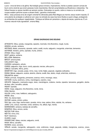 26/08/2016 GUIA DE ERVAS ( Para iniciantes )
http://prmrlinsgritosdiarios.blogspot.com.br/2012/09/guia­de­ervas­para­iniciantes_995.html 75/97
Louro ­ erva da fama e da glória. Na tradição greco­romana, imperadores, heróis e poetas usavam coroas de
louro como sinal de que eram pessoas muito importantes. Ela tem propriedades purificadoras e relaxantes. “As
folhas frescas ou secas mantêm­se sempre verdes. Colocadas no quarto, sobre a mesa ou no armário de
roupas exalam perfume suave e atraem êxito”, garante a herborista.
Mirra ­ essa preciosa erva de origem oriental foi oferecida pelos Reis Magos ao menino Jesus recém­nascido. É
uma planta de proteção e cultivá­la num vaso na entrada da casa traz bons fluidos a quem chega, protegendo
os ambientes de qualquer negatividade. “Coloque as folhas em peneiras e, depois de secas, queime­as. É um
incenso natural muito agradável”, ensina Maly.
ERVAS SAGRADAS DAS DEUSAS
AFRODITE: Oliva, canela, margarida, cipestre, marmelo, lírio­florentino, maçã, murta.
ARADIA: arruda, verbena.
ÁRTEMIS: Abeto, amaranto, cipreste, cedro, avelã, murta, salgueiro, margarida, artemísia, tamareira.
ASTARDE: Amieiro, pinho, cipreste, murta, zimbro.
ATENA: Oliva, maçã.
BAST: gatária, verbena.
BELLONA: Beladona.
BRIGIT: amora­preta.
CAILLEACH: trigo.
CARDEA: estrepeiro, arbuto.
CERES: salgueiro, trigo, louro, romã, papoula, narciso, alho­porro.
CIBELE: Carvalho, Mirra, pinho.
DEMÉTER: trigo, cevada, poejo, mirra, rosa, romã, feijão, papoula, vegetais cultivados.
DIANA: Bétula, salgueiro, acácia, absinto, ditania, avelã, faia, abeto, maçã, artemísia, sicômoro.
DRUANTIA: abeto.
FREIA: prímula, margarida, primavera, avenca, mirra, morango, visco.
HATHOR: murta, sicômoro, vinha, mandrágora, coentro, rosa.
HÉCATE: Salgueiro, meimedro­negro, teixo, mandrágora, cíclame, menta, cipestre, tamareira, gergelim, dente­
de­leao, alho, carvalho, cebola.
HEKAT: cipreste.
HERA: maça, salgueiro, lírio­florentino, romã, mirra.
HINA: Bambú.
HULDA: Linho, rosa, heléboro, sabugueiro.
IRENE: oliva.
ÍRIS: íris, losna­maior.
ISHTAR: acácia, zimbro, grãos.
ÍSIS: figo, urze, trigo, losna­maior, cevada, mirra, rosa, palma, lótus, cebola, íris, verbena.
JUNO: Lirio, crócus, marmelo, romã, verbena, íris, alface, figo, menta.
KERRIDWEN: verbena, bolotas de carvalho.
MINERVA: Oliva, amora, cardo.
NEFER­TUM: lótus.
NÉFTIS: mirra, lírio.
NUIT: Sicômoro.
OLWEN: maçã.
PERSÉFONE: Salsa, narciso, salgueiro, romã.
RHEA: Mirra, carvalho.
ROWEN: cravo, sorveira.
VÊNUS:  canela,  margarida,  sabugueiro,  urze,  anêmona,  maçã,  papoula,  violeta,  manjerona,  avenca,  cravo,
 