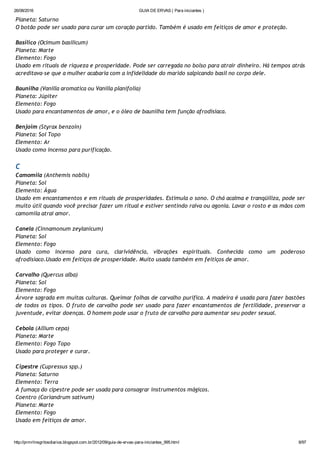 26/08/2016 GUIA DE ERVAS ( Para iniciantes )
http://prmrlinsgritosdiarios.blogspot.com.br/2012/09/guia­de­ervas­para­iniciantes_995.html 8/97
Planeta: Saturno
O botão pode ser usado para curar um coração partido. Também é usado em feitiços de amor e proteção.
Basílico (Ocimum basilicum)
Planeta: Marte
Elemento: Fogo
Usado em rituais de riqueza e prosperidade. Pode ser carregada no bolso para atrair dinheiro. Há tempos atrás
acreditava‐se que a mulher acabaria com a infidelidade do marido salpicando basil no corpo dele.
Baunilha (Vanilla aromatica ou Vanilla planifolia)
Planeta: Júpiter
Elemento: Fogo
Usado para encantamentos de amor, e o óleo de baunilha tem função afrodisíaca.
Benjoim (Styrax benzoin)
Planeta: Sol Topo
Elemento: Ar
Usado como incenso para purificação.
C
Camomila (Anthemis noblis)
Planeta: Sol
Elemento: Água
Usado em encantamentos e em rituais de prosperidades. Estimula o sono. O chá acalma e tranqüiliza, pode ser
muito útil quando você precisar fazer um ritual e estiver sentindo raiva ou agonia. Lavar o rosto e as mãos com
camomila atrai amor.
Canela (Cinnamonum zeylanicum)
Planeta: Sol
Elemento: Fogo
Usado como incenso para cura, clarividência, vibrações espirituais. Conhecida como um poderoso
afrodisíaco.Usado em feitiços de prosperidade. Muito usada também em feitiços de amor.
Carvalho (Quercus alba)
Planeta: Sol
Elemento: Fogo
Árvore sagrada em muitas culturas. Queimar folhas de carvalho purifica. A madeira é usada para fazer bastões
de todos os tipos. O fruto de carvalho pode ser usado para fazer encantamentos de fertilidade, preservar a
juventude, evitar doenças. O homem pode usar o fruto de carvalho para aumentar seu poder sexual.
Cebola (Allium cepa)
Planeta: Marte
Elemento: Fogo Topo
Usado para proteger e curar.
Cipestre (Cupressus spp.)
Planeta: Saturno
Elemento: Terra
A fumaça do cipestre pode ser usada para consagrar instrumentos mágicos.
Coentro (Coriandrum sativum)
Planeta: Marte
Elemento: Fogo
Usado em feitiços de amor.
 