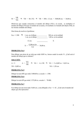M =

VR
VG

VR = M x VG

VR = 300 x 12 cm. = 3600,00 cm. = 36,00 m.

Obsérvese que cuando conocemos el tamaño del dibujo (VG) y la escala, se multiplica el
tamaño del dibujo (VG) por el modulo de la escala y el resultado es el tamaño del objeto (VR), en
las mismas unidades del dibujo.
Otra forma de resolver el problema:
Esc.= 1:300

1 cm. en el dibujo _____________ 300 cm. en la realidad
1 cm. en el dibujo _____________ 3,00 m. en la realidad
12 cm.
X =

_____________

X

12,00cmx3m
= 36,00 m.
1cm

PROBLEMA No 4

Para dibujar una pieza de un reloj que mide 0,003 m., hemos usado la escala 5:1. ¿Cuál será el
tamaño del dibujo que se obtiene?.
SOLUCIÓN:

A=5

A =

VR = 0,003 m

VG
VR

VG = A x VR

VG = 5 x 0,003 m = 0,015 m.
VG = 1,50 cm.

PROBLEMA No 5

Dibujar la recta MN que mide 3.000,00 m. a escala 1 : 1.500.
PROBLEMA No 6

Dibujar la recta OP que mide 3.375,00 m. a escala 1 : 70.000.
PROBLEMA No 7

Si el dibujo de una recta mide 10,00 cm. y esta dibujado a Esc = 1: 42. ¿Cuál será el tamaño del
objeto que ella representa?.

6

 