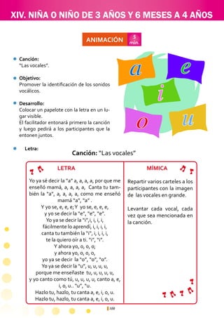 100
XIV. NIÑA O NIÑO DE 3 AÑOS Y 6 MESES A 4 AÑOS
Repartir varios carteles a los
participantes con la imagen
de las vocales en grande.
Levantar cada vocal, cada
vez que sea mencionada en
la canción.
Canción:	
“Las vocales”.
Objetivo:
Promover la identificación de los sonidos
vocálicos.
Desarrollo:
Colocar un papelote con la letra en un lu-
gar visible.
El facilitador entonará primero la canción
y luego pedirá a los participantes que la
entonen juntos.
ANIMACIÓN
5
min.
Yo ya sé decir la “a” a, a, a, a, por que me
enseñó mamá, a, a, a, a, Canta tu tam-
bién la “a”, a, a, a, a, como me enseñó
mamá “a”, “a” .
Y yo se, e, e, e;Y yo se, e, e, e,
y yo se decir la “e”, “e”, “e”.
Yo ya se decir la “i”,i, i, i, i,
fácilmente lo aprendí, i, i, i, i,
canta tu también la “i”, i, i, i, i,
te la quiero oír a ti. “i”, “i”.
Y ahora yo, o, o, o;
y ahora yo, o, o, o,
yo ya se decir la “o”, “o”, “o”.
Yo ya se decir la “u”, u, u, u, u,
porque me enseñaste tu, u, u, u, u,
y yo canto como tú, u, u, u, u, canto a, e,
i, o, u.. “u”, “u.
Hazlo tu, hazlo, tu canta a, e, i, o, u.
Hazlo tu, hazlo, tu canta a, e, i, o, u.
Canción: “Las vocales”
Letra:
LETRA MÍMICA
a e
i
o u
 