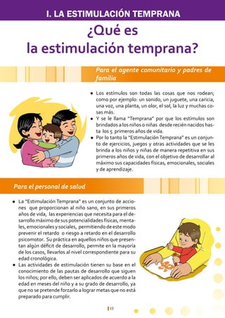 15
I. LA ESTIMULACIÓN TEMPRANA
¿Qué es
la estimulación temprana?
Los estímulos son todas las cosas que nos rodean;
como por ejemplo: un sonido, un juguete, una caricia,
una voz, una planta, un olor, el sol, la luz y muchas co-
sas más.
Y se le llama “Temprana” por que los estímulos son
brindados a los niños o niñas desde recién nacidos has-
ta los 5 primeros años de vida.
Por lo tanto la “Estimulación Temprana” es un conjun-
to de ejercicios, juegos y otras actividades que se les
brinda a los niños y niñas de manera repetitiva en sus
primeros años de vida, con el objetivo de desarrollar al
máximo sus capacidades físicas, emocionales, sociales
y de aprendizaje.
La “Estimulación Temprana” es un conjunto de accio-
nes que proporcionan al niño sano, en sus primeros
años de vida, las experiencias que necesita para el de-
sarrollo máximo de sus potencialidades físicas, menta-
les, emocionales y sociales, permitiendo de este modo
prevenir el retardo o riesgo a retardo en el desarrollo
psicomotor. Su práctica en aquellos niños que presen-
tan algún déficit de desarrollo, permite en la mayoría
de los casos, llevarlos al nivel correspondiente para su
edad cronológica.
Las actividades de estimulación tienen su base en el
conocimiento de las pautas de desarrollo que siguen
los niños; por ello, deben ser aplicados de acuerdo a la
edad en meses del niño y a su grado de desarrollo, ya
que no se pretende forzarlo a lograr metas que no está
preparado para cumplir.
Para el personal de salud
Para el agente comunitario y padres de
familia
ll
l
l
l
l
l
 