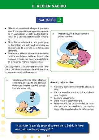 32
II. RECIÉN NACIDO
EVALUACIÓN
15
min.
El facilitador motivará a los participantes a
asumir compromisos para poner en prácti-
ca en sus hogares las actividades desarro-
lladas en la sesión de estimulación tempra-
na.
El facilitador solicitará a cada participan-
te demostrar una actividad aprendida en
el desarrollo de la sesión de estimulación
temprana.
Finalmente, el facilitador realizará una de-
mostración de las actividades de estimula-
ción que tendrán que ponerse en práctica 	
en el hogar de manera más continua.
“Acariciar la piel de todo el cuerpo de tu bebé, lo hará
una niña o niño seguro y feliz”
1.	 Colocar un móvil de colores blanco 	
	 con negro, en la parte alta del lugar 	
	 donde usualmente duerme o se co-	
	 loca a la niña o niño.
2.	 Hablarle suavemente y llamarlo 	
	 por su nombre.
Abrazar y acariciar suavemente a la niña o
niño.
Hacerle escuchar música clásica o infantil
para relajarlo.
Cantarle suavemente.
Darle masajes tocando su piel.
Poner en práctica una actividad de la se-
sión por día aprovechando momentos
como el baño o el cambio de pañal o ropa.
l
l
l
l
l
l
l
l
Con la ayuda del Manual de EstimulaciónTem-
prana (rotafolio) aconseje a la madre realizar
las siguientes actividades en casa:
Además, todos los días:
 