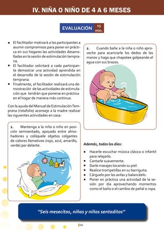 44
IV. NIÑA O NIÑO DE 4 A 6 MESES
EVALUACIÓN
15
min.
“Seis mesecitos, niñas y niños sentaditos”
1.	 Mantenga a la niña o niño en posi-
ción semisentado, apoyado entre almo-
hadones y colóquele objetos colgantes
de colores llamativos (rojo, azul, amarillo,
verde) por delante.
2.	 Cuando bañe a la niña o niño apro-
veche para acariciarle los dedos de las
manos y haga que chapotee golpeando el
agua con sus brazos.
Hacerle escuchar música clásica o infantil
para relajarlo.
Cantarle suavemente.
Darle masajes tocando su piel.
Realice trompetillas en su barriguita.
Cárguelo por las axilas y balancéelo.
Poner en práctica una actividad de la se-
sión por día aprovechando momentos
como el baño o el cambio de pañal o ropa.
El facilitador motivará a los participantes a
asumir compromisos para poner en prácti-
ca en sus hogares las actividades desarro-
lladas en la sesión de estimulación tempra-
na.
El facilitador solicitará a cada participan-
te demostrar una actividad aprendida en
el desarrollo de la sesión de estimulación
temprana.
Finalmente, el facilitador realizará una de-
mostración de las actividades de estimula-
ción que tendrán que ponerse en práctica 	
en el hogar de manera más continua.
l
l
l
l
l
l
l
l
l
Con la ayuda del Manual de EstimulaciónTem-
prana (rotafolio) aconseje a la madre realizar
las siguientes actividades en casa:
Además, todos los días:
 