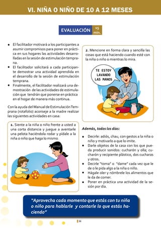 56
VI. NIÑA O NIÑO DE 10 A 12 MESES
EVALUACIÓN
15
min.
“Aprovecha cada momento que estás con tu niña
o niño para hablarle y contarle lo que estás ha-
ciendo”
1. Siente a la niña o niño frente a usted a
una corta distancia y juegue a aventarle
una pelota haciéndola rodar y pídale a la
niña o niño que haga lo mismo.
2. Mencione en forma clara y sencilla las
cosas que está haciendo cuando esté con
la niña o niño o mientras lo mira.
Decirle: adiós, chau, con gestos a la niña o
niño y motivarlo a que lo imite.
Darle objetos de la casa con los que pue-
da producir sonidos: cucharón y olla; cu-
charón y recipiente plástico, dos cucharas
y otros.
Decirle “toma” o “dame” cada vez que le
de o le pida algo a la niña o niño.
Hágale oler y nómbrele los alimentos que
le da de comer.
Poner en práctica una actividad de la se-
sión por día.
TE ESTOY
LAVANDO
LAS MANOS
TE ESTOY
LAVANDO
LAS MANOS
El facilitador motivará a los participantes a
asumir compromisos para poner en prácti-
ca en sus hogares las actividades desarro-
lladas en la sesión de estimulación tempra-
na.
El facilitador solicitará a cada participan-
te demostrar una actividad aprendida en
el desarrollo de la sesión de estimulación
temprana.
Finalmente, el facilitador realizará una de-
mostración de las actividades de estimula-
ción que tendrán que ponerse en práctica 	
en el hogar de manera más continua.
l
l
l
l
l
l
l
l
Con la ayuda del Manual de EstimulaciónTem-
prana (rotafolio) aconseje a la madre realizar
las siguientes actividades en casa:
Además, todos los días:
 