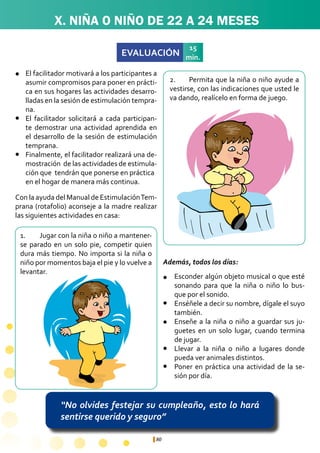 80
EVALUACIÓN
15
min.
“No olvides festejar su cumpleaño, esto lo hará
sentirse querido y seguro”
X. NIÑA O NIÑO DE 22 A 24 MESES
1.	 Jugar con la niña o niño a mantener-
se parado en un solo pie, competir quien
dura más tiempo. No importa si la niña o
niño por momentos baja el pie y lo vuelve a
levantar.
2.	 Permita que la niña o niño ayude a
vestirse, con las indicaciones que usted le
va dando, realícelo en forma de juego.
Esconder algún objeto musical o que esté
sonando para que la niña o niño lo bus-
que por el sonido.
Enséñele a decir su nombre, dígale el suyo
también.
Enseñe a la niña o niño a guardar sus ju-
guetes en un solo lugar, cuando termina
de jugar.
Llevar a la niña o niño a lugares donde
pueda ver animales distintos.
Poner en práctica una actividad de la se-
sión por día.
El facilitador motivará a los participantes a
asumir compromisos para poner en prácti-
ca en sus hogares las actividades desarro-
lladas en la sesión de estimulación tempra-
na.
El facilitador solicitará a cada participan-
te demostrar una actividad aprendida en
el desarrollo de la sesión de estimulación
temprana.
Finalmente, el facilitador realizará una de-
mostración de las actividades de estimula-
ción que tendrán que ponerse en práctica 	
en el hogar de manera más continua.
l
l
l
l
l
l
l
l
Con la ayuda del Manual de EstimulaciónTem-
prana (rotafolio) aconseje a la madre realizar
las siguientes actividades en casa:
Además, todos los días:
 