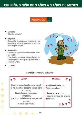 94
XIII. NIÑA O NIÑO DE 3 AÑOS A 3 AÑOS Y 6 MESES
Canción:	
“Marcha soldado”.
Objetivo:
Desarrollar la capacidad imaginativa de
las niñas y niños al promover la adoptar
roles de personajes.
Desarrollo:
Colocar un papelote con la letra en un lu-
gar visible.
El facilitador entonará primero la canción
y luego pedirá a los participantes que la
entonen juntos.
ANIMACIÓN
5
min.
Marcha soldado cabeza de papel,
si no marchas derecho te vas para
el cuartel;
lávate la cara con agua y
con jabón,
que si no te la lavas te vas para el
rincón.
(Cantar dos veces).
Marcha soldado....:
Todos marchan.
Lávate la cara.......:
Hacer la mímica de lavado
de la cara.
Canción: “Marcha soldado”
Letra:
LETRA MÍMICA
 