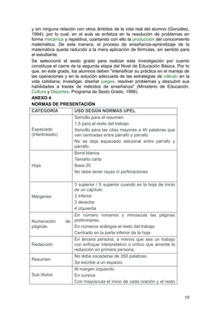 y sin ninguna relación con otros ámbitos de la vida real del alumno (González,
1994); por lo cual, en el aula se enfatiza en la resolución de problemas en
forma mecánica y repetitiva, coartando con ello la producción del conocimiento
matemático. De esta manera, el proceso de enseñanza-aprendizaje de la
matemática queda reducido a la mera aplicación de fórmulas, sin sentido para
el estudiante.
Se seleccionó el sexto grado para realizar esta investigación por cuanto
constituye el cierre de la segunda etapa del Nivel de Educación Básica. Por lo
que, en este grado, los alumnos deben "intensificar su práctica en el manejo de
las operaciones y en la solución adecuada de las estrategias de cálculo en la
vida cotidiana; investigar, diseñar juegos, resolver problemas y descubrir sus
habilidades a través de métodos de enseñanza" (Ministerio de Educación,
Cultura y Deportes. Programa de Sexto Grado, 1998).
ANEXO 4
NORMAS DE PRESENTACIÓN
CATEGORÍA             USO SEGÚN NORMAS UPEL
                      Sencillo para el resumen
                      1,5 para el resto del trabajo
Espaciado             Sencillo para las citas mayores a 40 palabras que
(interlineado)        van centradas entre párrafo y párrafo.
                      No se deja espaciado adicional entre párrafo y
                      párrafo.
                      Bond blanca
                      Tamaño carta
Hoja                  Base 20
                      No debe tener rayas ni perforaciones

                   3 superior / 5 superior cuando es la hoja de inicio
                   de un capítulo
Márgenes           3 inferior
                   3 derecha
                   4 izquierda
                   En número romanos y minúscula las páginas
Numeración      de preliminares.
páginas            En números arábigos el resto del trabajo
                   Centrado en la parte inferior de la hoja
                   En tercera persona, a menos que sea un trabajo
Redacción          con enfoque interpretativo o crítico que amerite la
                   redacción en primera persona.
                   No debe excederse de 350 palabras.
Resumen
                   Se escribe a un espacio.
                   Al margen izquierdo.
Sub títulos        En cursiva
                   Con mayúscula el inicio de cada oración y el resto


                                                                            19
 