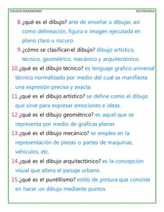 COLEGIO MAKARENKO SECUNDARIA
8.¿qué es el dibujo? arte de enseñar a dibujar, así
como delineación, figura o imagen ejecutada en
plano claro u oscuro.
9.¿cómo se clasifican el dibujo? dibujo artístico,
técnico, geométrico, mecánico y arquitectónico.
10.¿qué es el dibujo técnico? es lenguaje grafico universal
técnico normalizado por medio del cual se manifiesta
una expresión precisa y exacta.
11.¿qué es el dibujo artístico? se define como el dibujo
que sirve para expresar emociones e ideas.
12.¿qué es el dibujo geométrico? es aquel que se
representa por medio de graficas planas
13.¿qué es el dibujo mecánico? se emplea en la
representación de piezas o partes de maquinas,
vehículos, etc.
14.¿qué es el dibujo arquitectónico? es la concepción
visual que altera el paisaje urbano.
15.¿qué es el puntillismo? estilo de pintura que consiste
en hacer un dibujo mediante puntos.
 