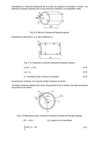 Considérese un elemento diferencial de una pieza de longitud dx sometida a Torsión. Las
tensiones cortantes aparecen solo en las secciones cortadas y son tangentes a ellas
Fig. 4.12 Sección Cerrada de Pequeño espesor
Analizando el elemento b c d e. De la estática en x
Fig. 4.13 Tensiones en Sección Cerrada de Pequeño espesor
b tb dx = c tc dx (4.18
b tb = c tc (4.19
 t = Constante (Flujo cortante es constante (4.20
Las tensiones cortantes, son mayores donde el espesor es menor
Tomando momentos respecto del centro de gravedad G de la sección, de todas las fuerzas
que actúan en la misma:
Fig. 4.14 Momentos de las Tensiones en Sección Cerrada de Pequeño espesor
dF =  dSm t Sm Longitud de la Linea Media
 
Sm
m Mt
r
t
dS )
( (4.21
 