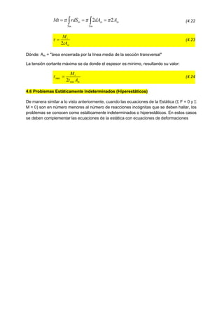   


Sm
m
Sm
m
m A
t
dA
t
rdS
t
Mt 2
2 

 (4.22
m
t
tA
M
2

 (4.23
Dónde: Am = "área encerrada por la línea media de la sección transversal"
La tensión cortante máxima se da donde el espesor es mínimo, resultando su valor:
m
t
A
t
M
min
max
2

 (4.24
4.6 Problemas Estáticamente Indeterminados (Hiperestáticos)
De manera similar a lo visto anteriormente, cuando las ecuaciones de la Estática ( F = 0 y 
M = 0) son en número menores al número de reacciones incógnitas que se deben hallar, los
problemas se conocen como estáticamente indeterminados o hiperestáticos. En estos casos
se deben complementar las ecuaciones de la estática con ecuaciones de deformaciones
 