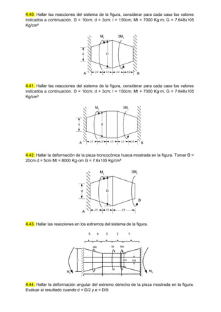 4.40. Hallar las reacciones del sistema de la figura, considerar para cada caso los valores
indicados a continuación. D = 10cm; d = 3cm; l = 150cm; Mt = 7000 Kg·m; G = 7.648x105
Kg/cm²
4.41. Hallar las reacciones del sistema de la figura, considerar para cada caso los valores
indicados a continuación. D = 10cm; d = 3cm; l = 150cm; Mt = 7000 Kg·m; G = 7.648x105
Kg/cm²
4.42. Hallar la deformación de la pieza troncocónica hueca mostrada en la figura. Tomar D =
20cm d = 5cm Mt = 8000 Kg·cm G = 7.6x105 Kg/cm²
4.43. Hallar las reacciones en los extremos del sistema de la figura.
5 4 3 2 1
Ma
D D/2
l/3
l/3 l/3
Mb
D/8
2Mt Mt 5Mt
4.44. Hallar la deformación angular del extremo derecho de la pieza mostrada en la figura.
Evaluar el resultado cuando d = D/2 y e = D/9
Mt 3Mt
l/4 l/4 l/4 l/4
A B
d D
Mt
3Mt
l/5 l/5 l/5 l/5
A B
d D
l/5
Mt
3Mt
l/5 l/5 l/5
A
B
d D
 