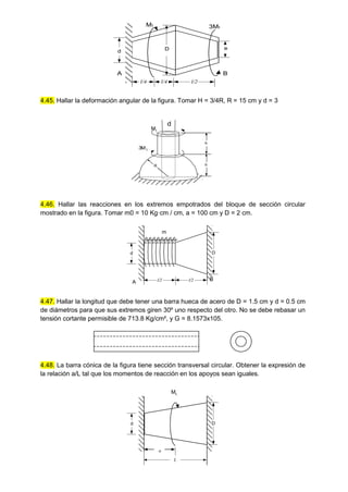 3Mt
l/4 l/4 l/2
A B
d D e
Mt
4.45. Hallar la deformación angular de la figura. Tomar H = 3/4R, R = 15 cm y d = 3
h
h
R
3M t
Mt
d
4.46. Hallar las reacciones en los extremos empotrados del bloque de sección circular
mostrado en la figura. Tomar m0 = 10 Kg·cm / cm, a = 100 cm y D = 2 cm.
4.47. Hallar la longitud que debe tener una barra hueca de acero de D = 1.5 cm y d = 0.5 cm
de diámetros para que sus extremos giren 30º uno respecto del otro. No se debe rebasar un
tensión cortante permisible de 713.8 Kg/cm², y G = 8.1573x105.
4.48. La barra cónica de la figura tiene sección transversal circular. Obtener la expresión de
la relación a/L tal que los momentos de reacción en los apoyos sean iguales.
Mt
L
d
a
D
m
l/2
A
d
l/2
D
B
 