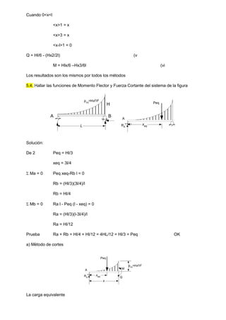 Cuando 0<x<l
<x>1 = x
<x>3 = x
<x-l>1 = 0
Q = Hl/6 - (Hx2/2l) (v
M = Hlx/6 –Hx3/6l (vi
Los resultados son los mismos por todos los métodos
5.4. Hallar las funciones de Momento Flector y Fuerza Cortante del sistema de la figura
Solución:
De 2 Peq = Hl/3
xeq = 3l/4
 Ma = 0 Peq xeq-Rb l = 0
Rb = (Hl/3)(3l/4)/l
Rb = Hl/4
 Mb = 0 Ra l - Peq (l - xeq) = 0
Ra = (Hl/3)(l-3l/4)/l
Ra = Hl/12
Prueba Ra + Rb = Hl/4 + Hl/12 = 4HL/12 = Hl/3 = Peq OK
a) Método de cortes
La carga equivalente
H
A B
L
p(x)
=Hx2/l2
A
RA
xeq
Peq
A M
Q
RA
x
xeq
Peq
p(x)=Hx2/l2
 