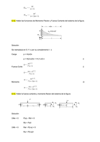 )
1
(
max



n
Hl
Q
)
1
)(
2
(
2
max




n
n
Hl
M
5.12. Hallar las funciones de Momento Flector y Fuerza Cortante del sistema de la figura
Solución:
Se reemplaza en 5.11 x por su complemento l - x
Carga p = H(x/l)n
p = H(l-x)/ln = H (1-x/l) n (i
Fuerza Corte )
1
(
)
1
(




n
l
Hx
Q n
n
(i
)
1
(
)
( )
1
(





n
l
x
l
H
Q n
n
Momento )
1
)(
2
(
)
2
(





n
n
l
Hx
M n
n
(ii
)
1
)(
2
(
)
( )
2
(






n
n
l
x
l
H
M n
n
5.13. Hallar la fuerza cortante y momento flector del sistema de la figura
a l-a x
M1
Q1 x
M2
Q2
P
P
a
Solución:
Ma = 0 P(a) - Rbl = 0
Rb = Pa/l
Mb = 0 Ral - P(l-a) = 0
Ra = P(l-a)/l
o
l
R
M
H p(x)=H((l-x)/l)n
x x'
 