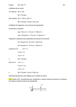 Prueba Ra + Rb = P Ok
a) Método de los cortes
1er intervalo Ra x = M1
M1 = P(l-a)x/l
2do intervalo Ra x - P(x-a) - M2 = 0
M2 = P(l-a)x/l - P(x-a) = Pa (1-x/l)
b) Método de integración con funciones de singularidad
De derecha a izquierda
p(x) = Ra <x>-1 - P<x-a>-1 + Rb<x-l>-1
p(x) = P(l-a)/l<x>-1 - P<x-a>-1 + Pa/l<x-l>-1
Integrando y aplicando las propiedades de este tipo de funciones
Q = P(l-a)/l<x>0 - P<x-a>0 + Pa/l<x-l>0
M = P(l-a)/l<x>1 - P<x-a>1 + Pa/l<x-l>1
Cuando 0<x<a <x>1 = x
<x-a>1 = 0
<x-l>1 = 0
y M1 = P(l-a)x/l
Para a<x<l <x>1 = x
<x-a>1 = x-a
<x-l>1 = 0
y M2 = P(l-a)x/l - P(x-a) = Pa(1-x/l)
Idénticas expresiones a las halladas por el método de cortes.
5.14. Hallar la EC. de deformaciones, pendientes y valores máximos de estos en el sistema
de la figura usando funciones de singularidad
a b
R
M
P
 