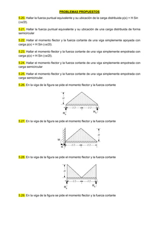 PROBLEMAS PROPUESTOS
5.20. Hallar la fuerza puntual equivalente y su ubicación de la carga distribuida p(x) = H Sin
(x/2l).
5.21. Hallar la fuerza puntual equivalente y su ubicación de una carga distribuida de forma
semicircular
5.22. Hallar el momento flector y la fuerza cortante de una viga simplemente apoyada con
carga p(x) = H Sin (x/2l).
5.23. Hallar el momento flector y la fuerza cortante de una viga simplemente empotrada con
carga p(x) = H Sin (x/2l).
5.24. Hallar el momento flector y la fuerza cortante de una viga simplemente empotrada con
carga semicircular
5.25. Hallar el momento flector y la fuerza cortante de una viga simplemente empotrada con
carga semicircular.
5.26. En la viga de la figura se pide el momento flector y la fuerza cortante
5.27. En la viga de la figura se pide el momento flector y la fuerza cortante
5.28. En la viga de la figura se pide el momento flector y la fuerza cortante
5.29. En la viga de la figura se pide el momento flector y la fuerza cortante
Ra
Rb
l/2
H
l/2
l/2
H
l/2
R
M
Ra
Rb
l/2
H
l/2
 