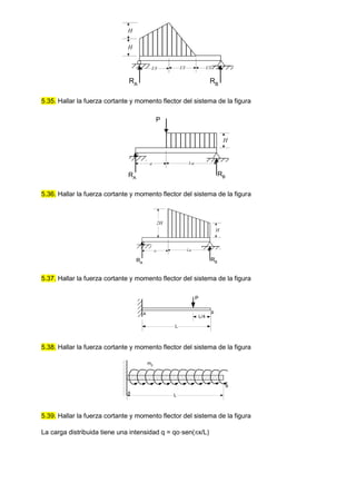 l/3
H
RA
RB
H
l/3 l/3
5.35. Hallar la fuerza cortante y momento flector del sistema de la figura
a l-a
H
RB
RA
P
5.36. Hallar la fuerza cortante y momento flector del sistema de la figura
a l-a
H
RB
RA
2H
5.37. Hallar la fuerza cortante y momento flector del sistema de la figura
P
A B
L
L/4
5.38. Hallar la fuerza cortante y momento flector del sistema de la figura
A
L
m0
B
5.39. Hallar la fuerza cortante y momento flector del sistema de la figura
La carga distribuida tiene una intensidad q = qo·sen(x/L)
 