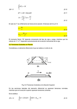 M = 0
 
A
M
dFy
(6.10
dF =  dA = (Ey/)dA (6.11
 

A
EI
dA
y
E
M


2
(6.12
El valor de “I” es el Momento de Inercia de la sección. Entonces de 6.5 y 6.12
I
Mc


(6.13
I
c
Mmax
max 

(6.14
El momento flector “M” depende únicamente del tipo de viga y carga, mientras que los
valores de “c” e “I” dependen exclusivamente de la sección transversal de la viga.
6.3 Tensiones Cortantes en Flexión
Considérese un elemento diferencial al que se realiza un corte en ab.
Fig. 6.5 Tensiones Cortantes en la Sección Superior
En las secciones laterales del elemento diferencial se aparecen tensiones normales
mientras que en la sección superior aparecen tensiones cortantes
De la estática
Fx = 0 
 



Alat
Alat
A
dA
dA
d 0
)
( sup



 (6.15
 