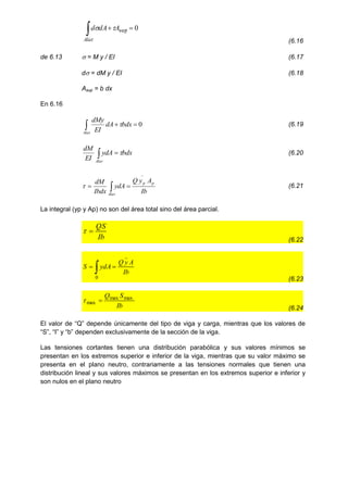 0
sup 

 A
dA
d
Alat


(6.16
de 6.13  = M y / EI (6.17
d = dM y / EI (6.18
Asup = b dx
En 6.16
0


 bdx
dA
EI
dMy
Alat
 (6.19
bdx
ydA
EI
dM
Alat


 (6.20
Ib
A
y
Q
ydA
Ibdx
dM p
p
Alat


 
 (6.21
La integral (yp y Ap) no son del área total sino del área parcial.
Ib
QS


(6.22
Ib
A
y
Q
ydA
S
_
0



(6.23
Ib
S
Q max
max
max 

(6.24
El valor de “Q” depende únicamente del tipo de viga y carga, mientras que los valores de
“S”, “I” y “b” dependen exclusivamente de la sección de la viga.
Las tensiones cortantes tienen una distribución parabólica y sus valores mínimos se
presentan en los extremos superior e inferior de la viga, mientras que su valor máximo se
presenta en el plano neutro, contrariamente a las tensiones normales que tienen una
distribución lineal y sus valores máximos se presentan en los extremos superior e inferior y
son nulos en el plano neutro
 