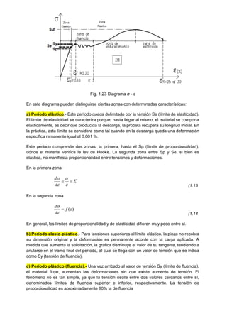 Fig. 1.23 Diagrama ζ - ε
En este diagrama pueden distinguirse ciertas zonas con determinadas características:
a) Período elástico.- Este período queda delimitado por la tensión Se (límite de elasticidad).
El límite de elasticidad se caracteriza porque, hasta llegar al mismo, el material se comporta
elásticamente, es decir que producida la descarga, la probeta recupera su longitud inicial. En
la práctica, este límite se considera como tal cuando en la descarga queda una deformación
especifica remanente igual al 0.001 %.
Este período comprende dos zonas: la primera, hasta el Sp (límite de proporcionalidad),
dónde el material verifica la ley de Hooke. La segunda zona entre Sp y Se, si bien es
elástica, no manifiesta proporcionalidad entre tensiones y deformaciones.
En la primera zona:
E
d
d






(1.13
En la segunda zona
)
(


f
d
d

(1.14
En general, los límites de proporcionalidad y de elasticidad difieren muy poco entre sí.
b) Período elasto-plástico.- Para tensiones superiores al límite elástico, la pieza no recobra
su dimensión original y la deformación es permanente acorde con la carga aplicada. A
medida que aumenta la solicitación, la gráfica disminuye el valor de su tangente, tendiendo a
anularse en el tramo final del período, al cual se llega con un valor de tensión que se indica
como Sy (tensión de fluencia).
c) Período plástico (fluencia).- Una vez arribado al valor de tensión Sy (límite de fluencia),
el material fluye, aumentan las deformaciones sin que existe aumento de tensión. El
fenómeno no es tan simple, ya que la tensión oscila entre dos valores cercanos entre sí,
denominados límites de fluencia superior e inferior, respectivamente. La tensión de
proporcionalidad es aproximadamente 80% la de fluencia
 