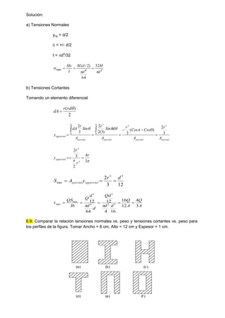 Solución:
a) Tensiones Normales
ycg = d/2
c = +/- d/2
I = d4
/32
3
4
max
32
64
)
2
/
(
d
M
d
d
M
I
Mc


 


b) Tensiones Cortantes
Tomando un elemento diferencial
2
)
( 
rd
r
dA 
parcial
parcial
parcial
parcial
cgparcial
A
r
A
Cos
Cos
r
A
d
Sin
r
A
Sin
r
dA
y 3
2
)
0
(
3
)
3
(
2
2
3
2 3
3
0
3
0







 






 3
4
2
3
2
2
3
r
r
r
ycgparcial 

12
3
2 3
3
max
d
r
y
A
S cgparcial
parcial 


A
Q
A
Q
d
d
Qd
d
d
d
Q
Ib
QS
3
4
12
16
16
4
12
64
12
3
2
3
4
3
max
max 







6.9. Comparar la relación tensiones normales vs. peso y tensiones cortantes vs. peso para
los perfiles de la figura. Tomar Ancho = 6 cm, Alto = 12 cm y Espesor = 1 cm.
(a) (b) (c)
(d) (e) (f )
 