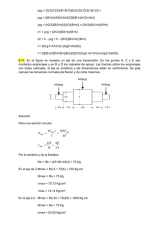 ycg = (2(3)(12/2)(4)+9(12)6)/(2(3)(12/2)+9(12)) =
ycg = [(B-b)(h2/6)+(bh2/2)]/[(B-b)(h/2)+(bh)]
ycg = (h2/3)(B/2+b)/[(h/2)(B+b)] = (2h/3)(B/2+b)/(B+b)
c1 = ycg = (2h/3)(B/2+b)/(B+b)
c2 = h - ycg = h - (2h/3)(B/2+b)/(B+b)
I = 2(Icg1+A1d12)+(Icg2+A2d22)
I = 2{[(B-b)/2]h3/36+[(B-b)/2](h/2)(Icg1+A1d12)+(Icg2+A2d22)
6.11. En la figura se muestra un eje de una transmisión. En los puntos A, C y E van
montados engranajes y en B y D los cojinetes de apoyo. Las fuerzas sobre los engranajes
son todas verticales, el eje es simétrico y las dimensiones están en centímetros. Se pide
calcular las tensiones normales de flexión y de corte máximos.
3 4.5 6
15 30 15
45[kg] 45[kg]
60[kg]
10 10
Solución:
Para una sección circular
3
max
max
max
16
d
M
I
c
M

 

A
Q
Ib
QS
3
4
max 


Por la simetría y de la Estática
Ra = Rb = (45+60+45)/2 = 75 Kg
En el eje de 3 Mmax = Ra 5 = 75(5) = 375 Kg cm
Qmax = Ra = 75 Kg
max = 70.73 Kg/cm²
max = 14.14 Kg/cm²
En el eje 4.5 Mmax = Ra 20 = 75(20) = 1500 Kg cm
Qmax = Ra = 75 Kg
max = 83.83 Kg/cm²
 