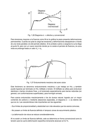 Fig. 1.26 Diagrama ζ - ε efectivo y convencional
Para tensiones mayores a la fluencia como M en la gráfica la pieza presenta deformaciones
permanentes. Cuando se quita la carga las tensiones y deformaciones desaparecen a través
de una recta paralela a la del período elástico. Si la probeta vuelve a cargarse la curva llega
al punto N, pero con un nuevo recorrido donde ya no existe el período de fluencia y la zona
recta se prolonga hasta un valor ζ'p > ζp.
Fig. 1.27 Endurecimiento mecánico del acero dulce
Este fenómeno se denomina endurecimiento mecánico o por trabajo en frío, y también
puede lograrse por laminado en frío, trefilado o torsión. El trefilado se utiliza para endurecer
alambres o barras circulares finas, y el torsionado especialmente para barras redondas (en
general, con conformaciones superficiales), para hormigón armado.
Para aceros endurecidos mecánicamente o los de dureza natural, logrado por un mayor
contenido de carbono o mediante aleaciones especiales, el diagrama ζ - ε es distinto del
que se vio. Las características más importantes son las siguientes:
- Sus límites de proporcionalidad y elasticidad son más elevados que los aceros comunes.
- No poseen un límite de fluencia definido ni tampoco zonas de escurrimiento plástico.
- La deformación de rotura se reduce considerablemente.
Al no existir un límite de fluencia definido, este se determina en forma convencional como la
tensión para la cual la deformación especifica remanente alcanzan al 0.2 %.
 