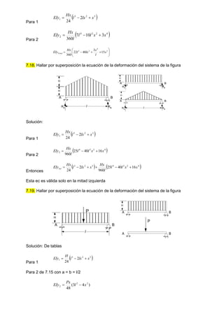 Para 1
 
3
2
3
1 2
24
x
lx
l
Hx
EIy 


Para 2
 
4
2
2
4
2 3
10
7
360
x
x
l
l
l
Hx
EIy 













 3
4
2
3
15
3
40
22
360
x
l
x
lx
l
Hx
EIyTotal
7.18. Hallar por superposición la ecuación de la deformación del sistema de la figura
Solución:
Para 1
 
3
2
3
1 2
24
x
lx
l
Hx
EIy 


Para 2
 
4
2
2
4
2 16
40
25
960
x
x
l
l
l
Hx
EIy 


Entonces
   
4
2
2
4
3
2
3
16
40
25
960
2
24
x
x
l
l
l
Hx
x
lx
l
Hx
EIytot 





Esta ec es válida solo en la mitad izquierda
7.19. Hallar por superposición la ecuación de la deformación del sistema de la figura
Solución: De tablas
Para 1
 
3
2
3
1 2
24
x
lx
l
H
EIy 


Para 2 de 7.15 con a = b = l/2
)
4
3
(
48
2
2
2 x
l
Px
EIy 

A B
l
RA RB
H
H
A B
RB
A B
l
RA
RB
H
H
RA
A B
H
P
l
A B
A B
H
P
 