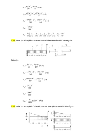 )
4
/
3
(
2
)
4
/
(
3
)
4
/
( 2
3
1 l
EI
l
P
EI
l
P



)
2
/
(
2
)
2
/
)(
2
(
3
)
2
/
)(
2
( 2
3
2 l
EI
l
P
EI
l
P



)
4
/
(
2
)
4
/
3
)(
3
(
3
)
4
/
3
)(
3
( 2
3
3 l
EI
l
P
EI
l
P



EI
l
P
3
)
)(
4
( 3
4 

EI
Pl
EI
Pl
Tot
64
141
3
4
2
)
64
(
3
3
)
64
(
3
2
)
8
(
2
3
)
8
(
2
2
)
64
(
3
3
)
64
(
1 3
3
4
3















7.24. Hallar por superposición la deformada máxima del sistema de la figura
Solución:
)
4
/
3
(
2
)
4
/
(
3
)
4
/
( 2
3
1 l
EI
l
P
EI
l
P



)
2
/
(
2
)
2
/
)(
2
(
3
)
2
/
)(
2
( 2
3
2 l
EI
l
P
EI
l
P



)
4
/
(
2
)
4
/
3
)(
3
(
3
)
4
/
3
)(
3
( 2
3
3 l
EI
l
P
EI
l
P



EI
l
P
3
)
)(
4
( 3
4 

EI
l
H
8
)
)(
( 4
5 

 
Hl
P
EI
l
tot 8
108
64
3



7.25. Hallar por superposición la deformación en A y B del sistema de la figura
P
2P
3P
4P
l/4 l/4 l/4 l/4
P
3P
4P
2P
H
l/3 l/3
l/3
2H
H
P
A B
l/3 l/3
l/3
2H
l/3 l/3
l/3
H
l/3 l/3
l/3
P
 