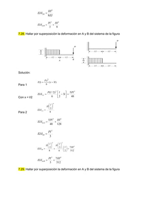 EI
Hl
EI B
8
4
2 

8
3
4
3
Hl
Pl
EI totB 


7.28. Hallar por superposición la deformación en A y B del sistema de la figura
Solución:
Para 1
)
3
(
6
2
l
x
Px
EIy 

Con x = l/2 48
5
3
2
6
)
2
/
( 3
2
1
Pl
l
l
l
P
EI A 









Para 2 8
2
4
2







l
H
EI A

128
48
5 4
3
Hl
Pl
EI totA 


3
3
1
Pl
EI B 

512
7
2
6
2
8
2 4
3
4
2
Hl
l
l
H
l
H
EI B 





















512
7
3
4
3
Hl
Pl
EI totB 


7.29. Hallar por superposición la deformación en A y B del sistema de la figura
P
H
l/2 l/2
A
B
P
l/2 l/2
H
l/2 l/2
 